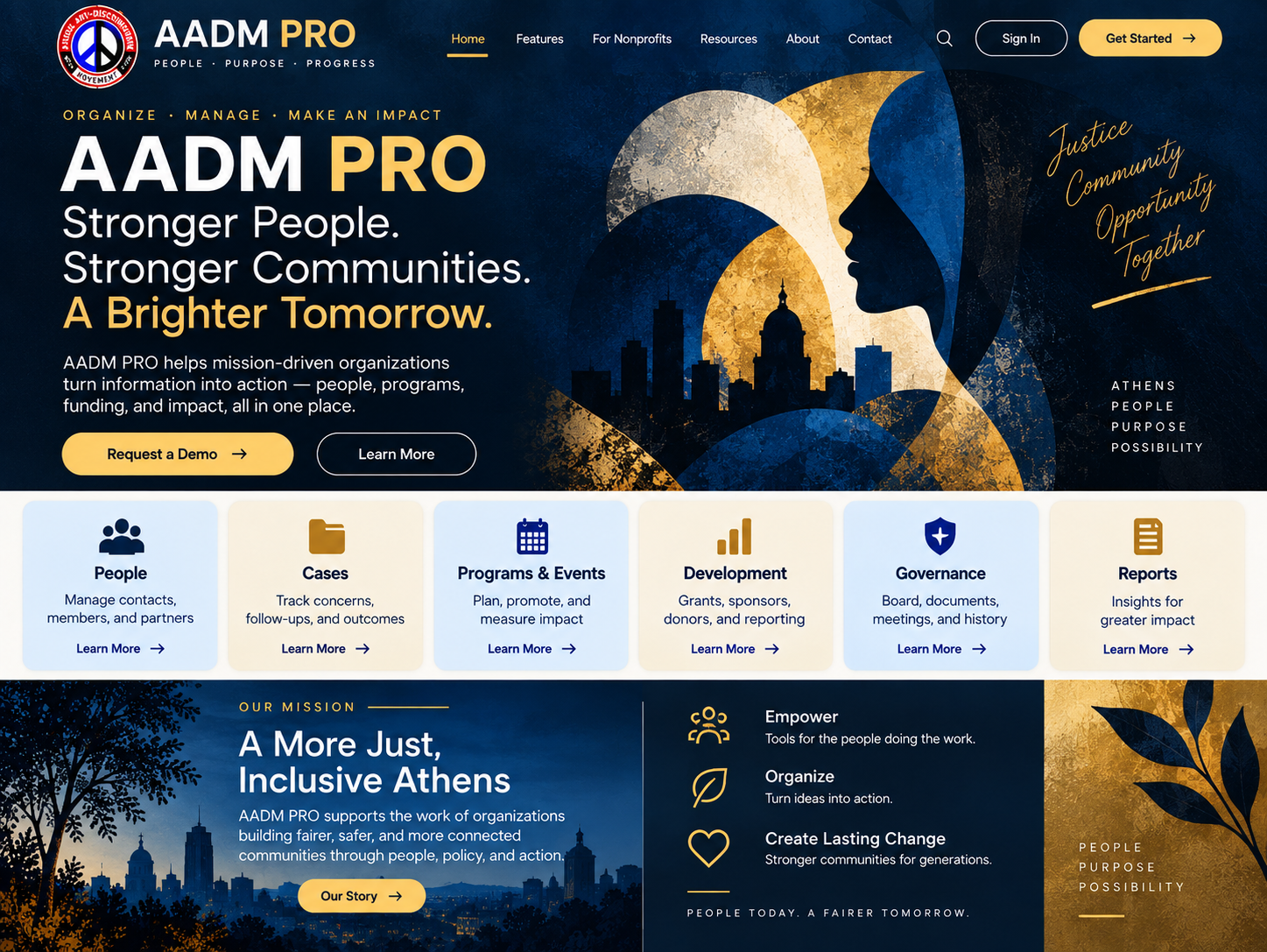 AADM PRO storefront with a woman silhouette, Athens city skyline, navy blue, gold and cream layered artwork, feature cards, and AADM mission statement.